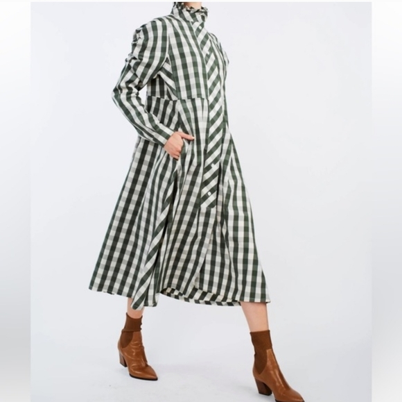 Thierry Colson Dresses & Skirts - Thierry Colson Green Gingham Long-Sleeve Midi Dress